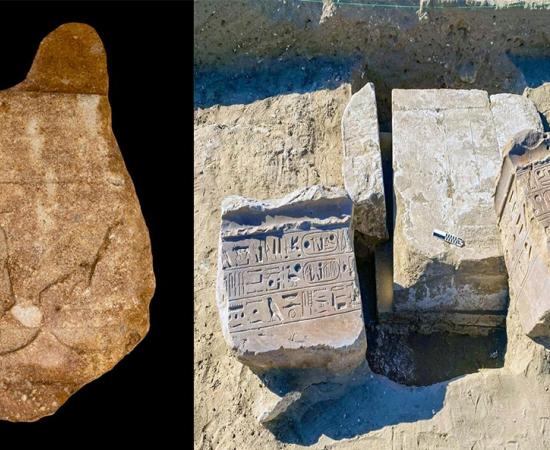 Falcon relief and inscribed sandstone architectural blocks discovered at Tell Abu Saifi in eastern Egypt.