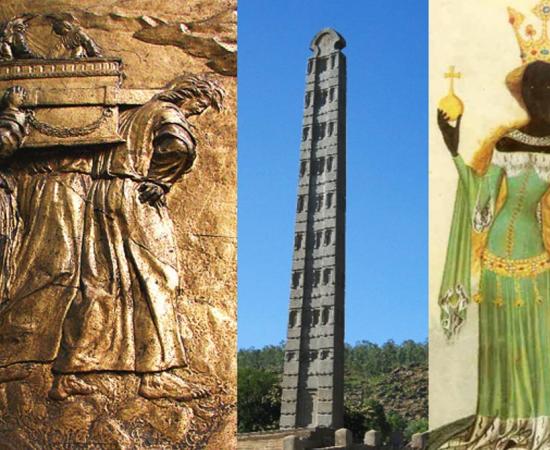 Bas-relief ‘Carrying the Ark of Covenant’, The Aksum Obelisk, and a depiction of the Queen of Sheba from the medieval manuscript ’Bellifortis’ by Conrad Kyeser (c. 1405), Prague school. 