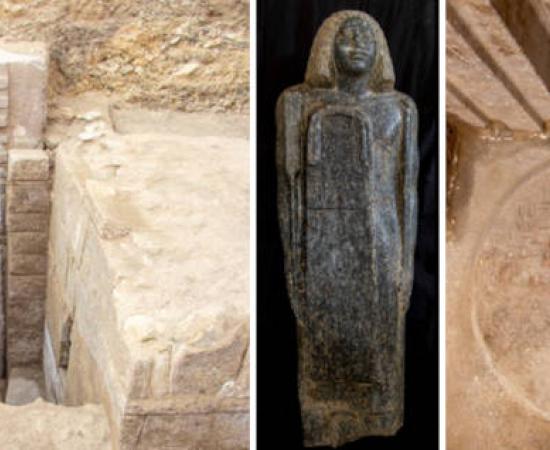 The massive pink granite false door discovered at Prince Userefre's tomb, statue from the tomb, offering table.