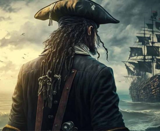 Pirate Henry Avery looking into the ocean at a pirate ship. Source: Dieter Holstein/Adobe Stock