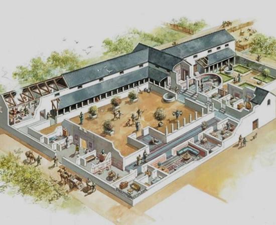 A reconstruction of what the Vine Street courtyard house might have looked like in the late 3rd century AD. It was discovered during excavations for the John Lewis car park in 2006.
