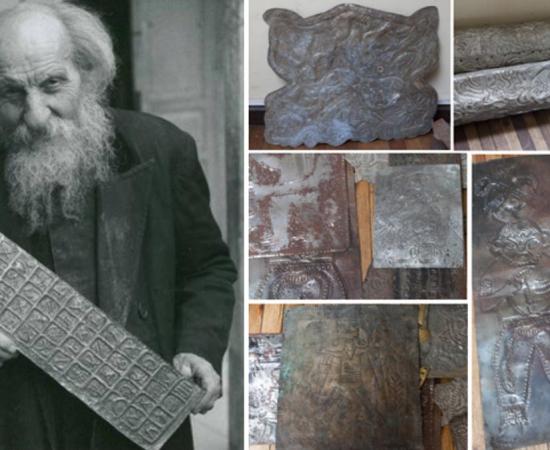 Left: Father Crespi holding a metallic artifact that appears to contain a series of hieroglyphs.Right: Photographs of Crespi’s so-called ‘Metallic Library’. Credit: Ancient-Origins.net. 