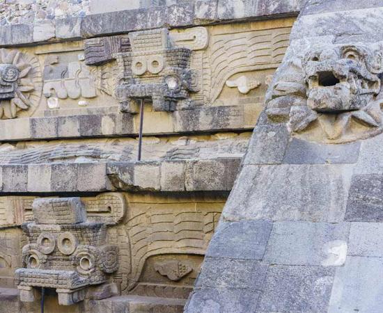 Carvings on the Quetzalcoatl (Feathered Serpent) Pyramid at Teotihuacan, Mexico. Source: Kit Leong /Adobe Stock