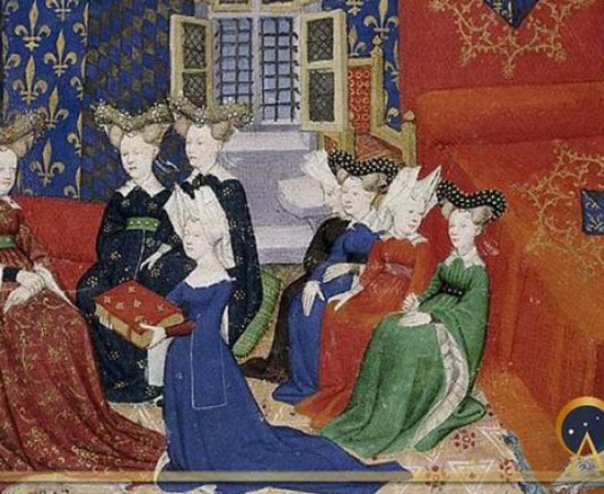 Christine de Pisan presenting her book to queen Isabeau of Bavaria. Illuminated miniature from The Book of the Queen (various works by Christine de Pizan) (Public Domain)