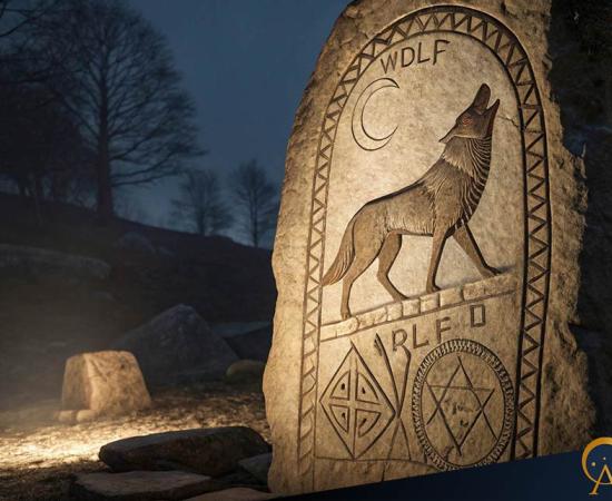 Ancient Norse rune stone carving showing wolf figures 
