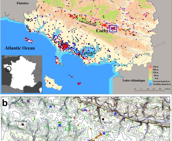 Figure showing the location of the Coëby Neolithic cemetery within Brittany and the surrounding distribution of megalithic monuments