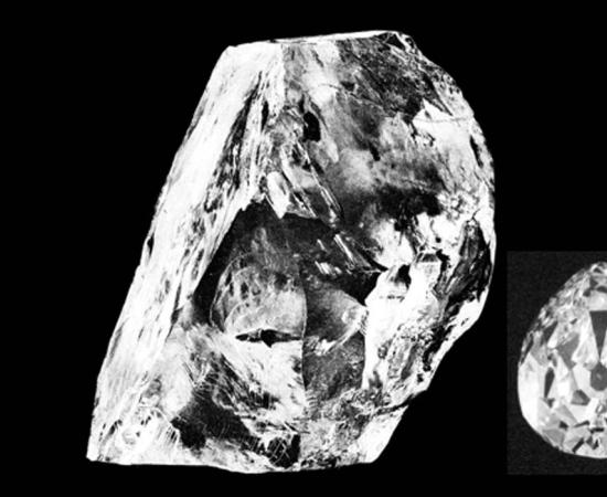 Main: The rough Cullinan Diamond (public domain). Inset: One of the nine stones it was cut into (public domain)
