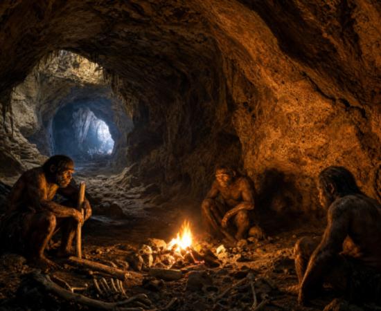 Image portraying early human ancestors working with fire in Wonderwerk Cave.
