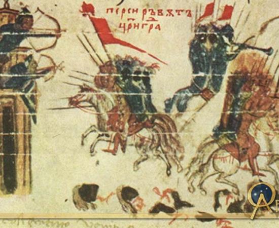 The Siege of Constantinople. Emperor Heraclius attacks a Persian fortress, while the Persians attack Constantinople from the Constantine Manasses Chronicle, 14th century. 