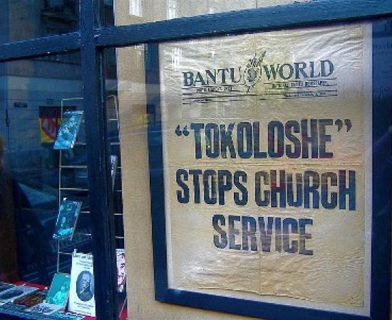 Tokoloshe newspaper headline, December 7, 1955, on sale in a bookstore in the 19th District, Vienna, Austria.