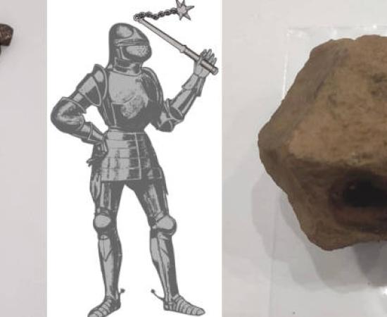 A medieval flail, a drawing of a knight with a flail, and the part of the flail-like weapon found.