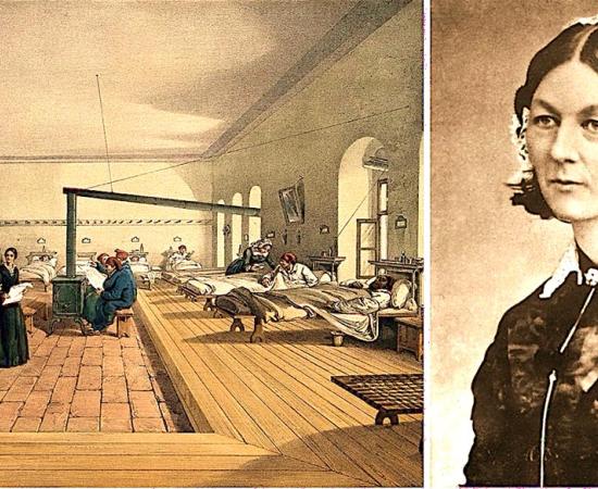 Left: Florence Nightingale inspects a hospital ward during the Crimean War. ( Wellcome Images / CC BY 4.0).   Right: Portrait of Florence Nightingale from Carte de Visite. (H. Lenthall / Public domain)