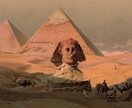 Egypt: The pyramids at Giza and the Sphinx. Colour lithograph by G.W. Seitz, ca. 1878