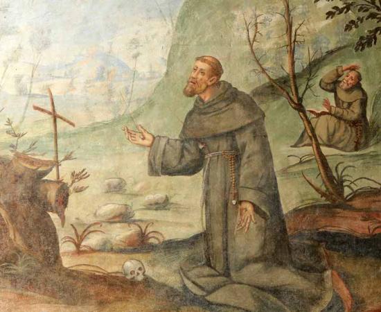 Saint Francis of Assisi, the founder of the Franciscan friars order, as depicted in the Madonna del Sasso Sanctuary in Locarno, Switzerland. 