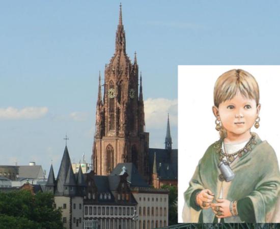 Main: The west tower of the Frankfurt Imperial Cathedral, under which were interred two Medieval children, one with a Christian burial the other a pagan burial. 