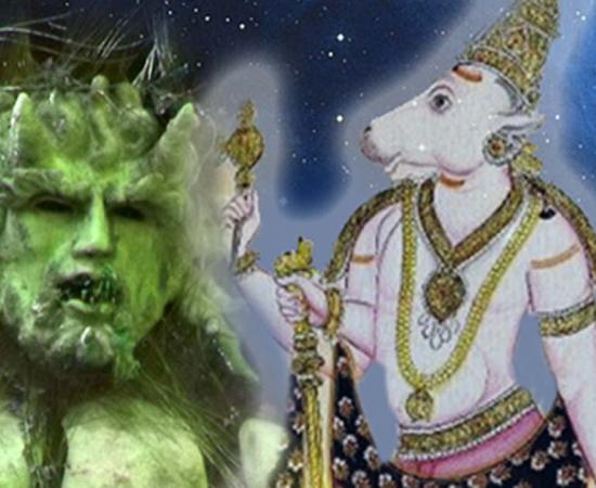 Green Man (ElliotBrown/CC BY 2.0) and Bull Nandi (Public Domain)/Deriv.