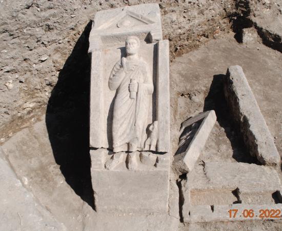 Funerary stela uncovered in situ within the monumental Roman-period burial complex containing the tombs of Ariston and Annion in the Southern Suburb necropolis of Tauric Chersonesos.