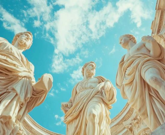 AI image of Greek statues from the Hellenistic era with sunny skies as the backdrop.