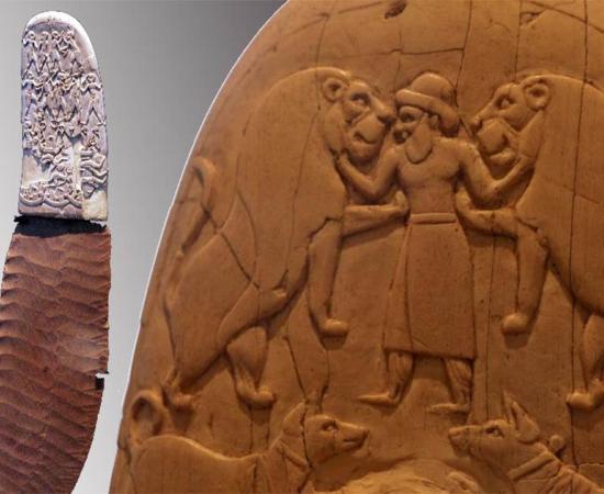 The Gebel el-Arak Knife (Rama/CC BY SA 3.0) and detail of one side of the ivory handle. (Rama/CC BY SA 3.0)