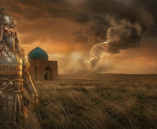 Genghis Khan on the Steppe by a mausoleum building.