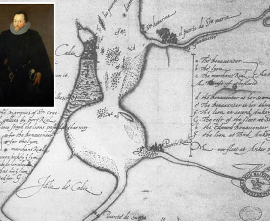 Map of Sir Francis Drake's attack on the Spanish fleet in Cádiz, 1587, drawn by his second-in-command William Borough. Inset portrait of Drake.  
