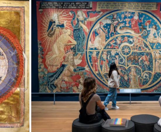 Left; On the Construction of the World in Book of Divine Works (Liber divinorum operum), about 1210-40 CE. Hildegard of Bingen (Saint)Tempera, gold, and ink on parchment. Biblioteca Statale di Lucca, Ms. 1942, fol. 9, sec. XIII Right; Visitors in the Lumen exhibition.