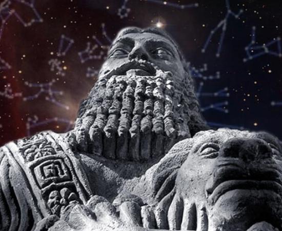 Deriv; Stone statue of Gilgamesh (CC BY 2.0), nebula NGC 1788 Orion constellation (CC BY 4.0), Zodiac of Dendera (CC BY 3.0)