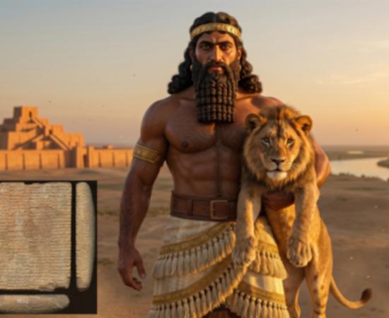 Image portraying a likeness of Gilgamesh, with insert of a cuneiform tablet.