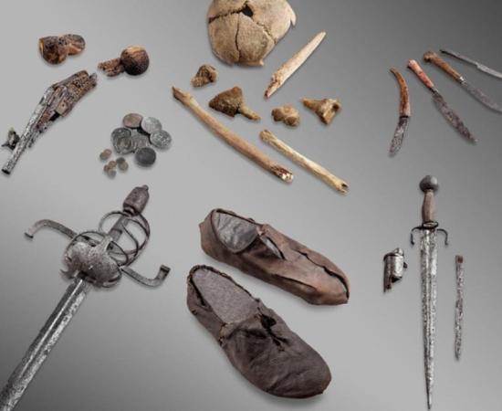 Glacier artifacts. The bones and personal belongings of the "Théodule Pass mercenary”, an unidentified man thought to have fallen into a crevasse above Zermatt in the 17th century. 