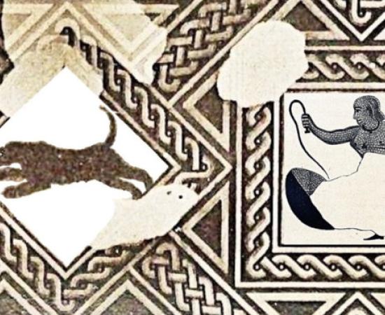 19th-century drawing of the Reims mosaic showing the leopard and the female beast hunter