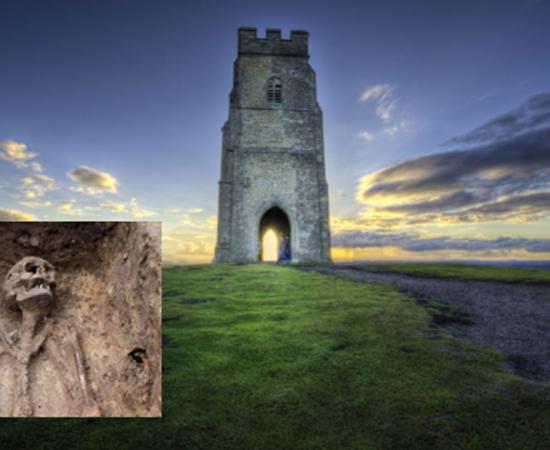 Glastonbury Tor. Source: vlorzor / Adobe. Inset: Representational image of a skeleton. 