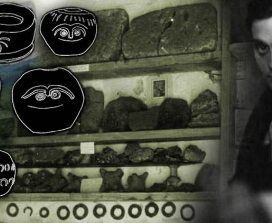 Emile Fradin and the artifacts found at Glozel, with sketches of pottery