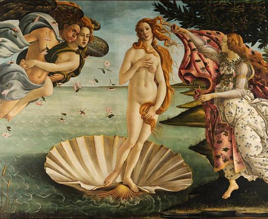 Famous painting depicts the goddess Aphrodite-Venus, having emerged from the sea as a fully grown woman, arriving at the sea-shore. 