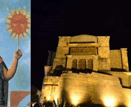Colonial image of Manco Cápac and the Sun God, Inti. (Public Domain),Koricancha (Author Provided)