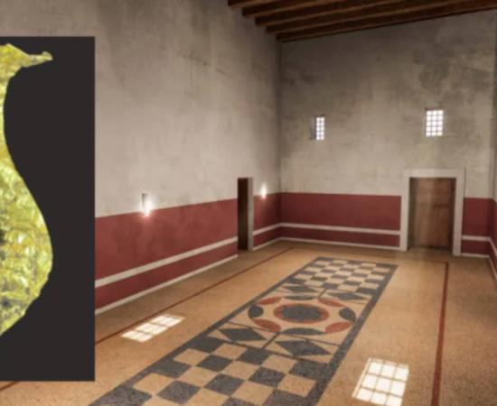 Attempt to reconstruct a room in the house of the garrison commander in Asparos. Inset; the gold votive plaque.