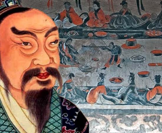 A portrait painting of Emperor Gao of Han (Liu Bang), from an 18th-century Qing Dynasty album of Chinese emperors' portraits. (Public Domain) Background: A tomb painting of a late Eastern-Han period lively banquet. 