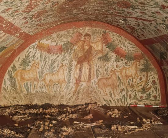 Frescoed chamber tomb at Hisardere Necropolis in Iznik, showing the Good Shepherd scene on the back wall. 