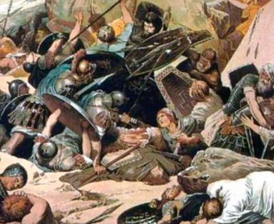 The last battle of the Ostrogoths and the end of their influence was fought on the slopes of Mount Vesuvius in the Battle of Mons Lactarius. Painting from 1890, by Alexander Zick.  Source: Captain Blood/ Public domain