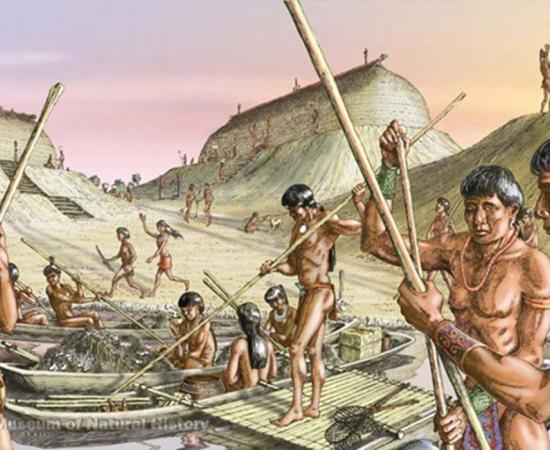 Artist's conception of Calusa people preparing for fishing in the estuary. Source: Image by Merald Clark.