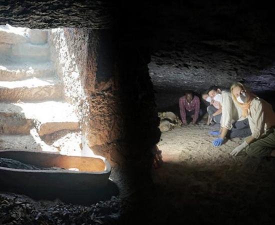 Left, inside view of the entrance to the Greco-Roman tomb at the Aga Khan Mausoleum. Right, Patrizia Piacentini and other researchers in the tomb.	Source: Egyptian-Italian Mission (EIMAWA)