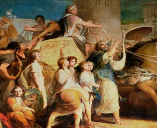 Crowning the Victors at Olympia - Hieron of Syracuse and victors. Source: Public Domain