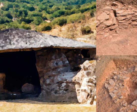 Left, Representative AI generated Iron age house; Right, Iron Age house remains from the 10th to the 9th century BC in Thorikos, Attica/Greece.	Source: Left, AI generated; Right, Thorikos Archaeological Project Gent-Göttingen