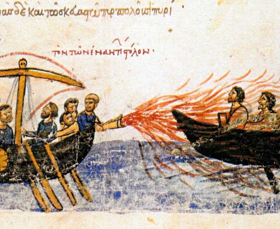 A Byzantine ship using Greek fire against an enemy ship. Source: Public Domain