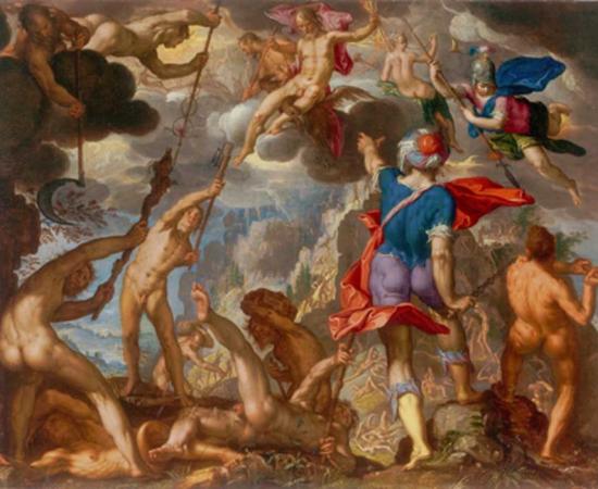 The Battle between the Gods and the Titans by Joachim Wtewael. The beginning of the Greek Gods