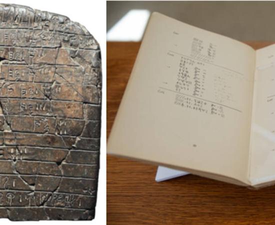 The script Linear B on a clay tablet, and a book containing decipherment notes.
