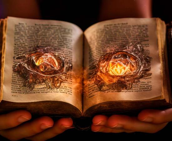 Ancient magical grimoire with a dimly lit, mysterious background and captivating light swirls, emphasizing knowledge power and spell world. Source: XaMaps/Adobe Stock