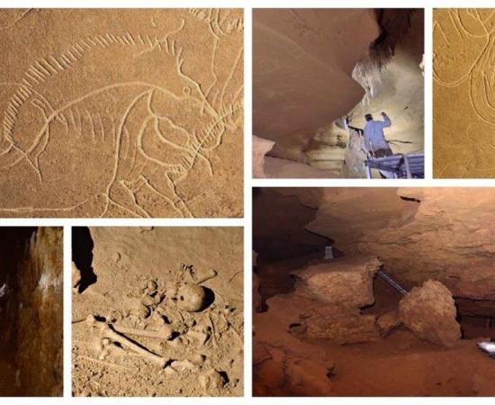 Images from inside Grotte de Cussac in Dordogne, France, showing the cave art and the ancient human remains found within the cave, and of the research team at work.
