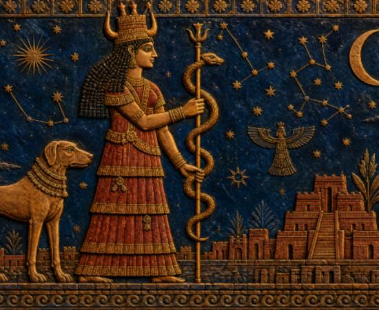 Gula in stylised profile, wearing a tiered crimson robe and horned divine crown, holding a serpent-entwined staff — a precursor to the modern medical symbol. Her sacred dog stands beside her