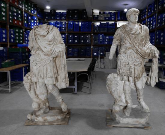 The reconstructed 2.14-meter statue of Emperor Hadrian stands beside another armored imperial figure recovered at Kibyra's Monumental City Gate.