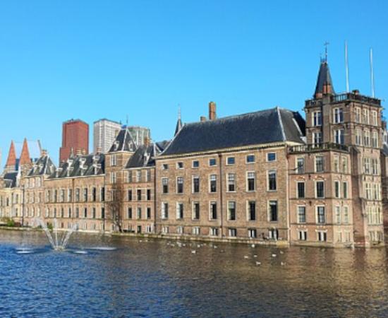 View of the Binnenhof and the Hofvijver pond in The Hague, Netherlands